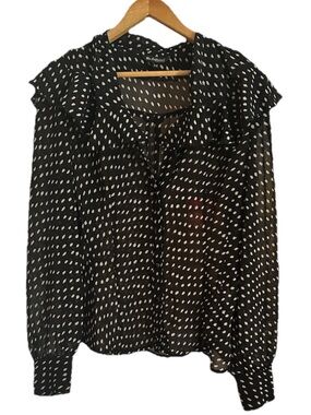 JM Collection Black Blouse with White Dot Print and Ruffle Detail